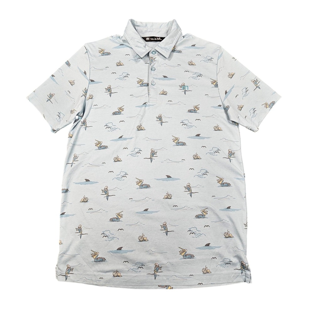 TravisMathew Polo Shirt Mens Medium Tropical Pelican Shark AOP Pima Cotton Blend